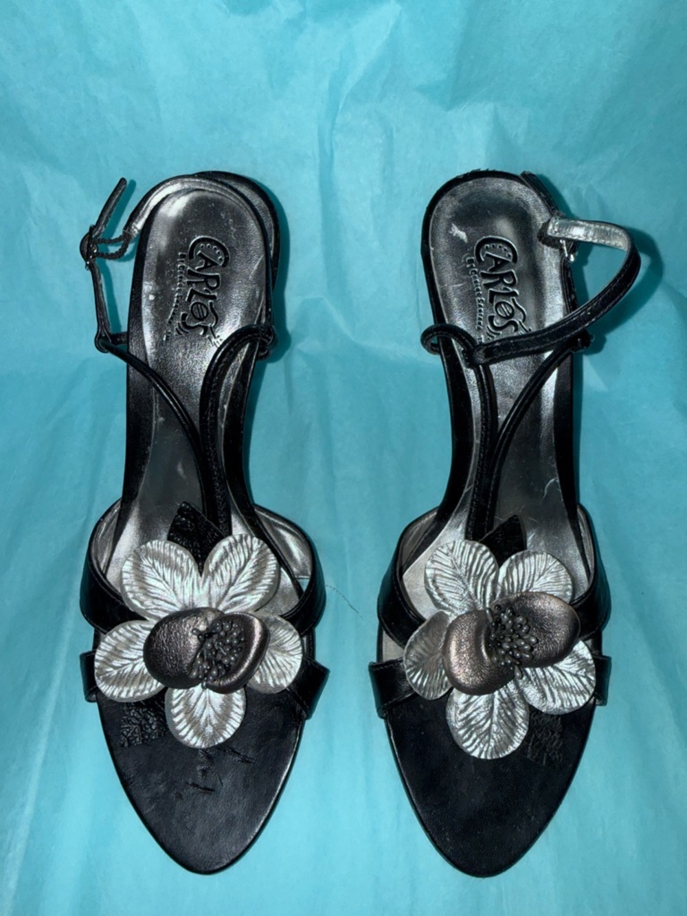 Carlos by Carlos Santana Black Leather Floral Ankle-Strap Sandals